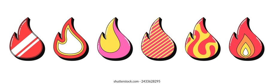 Isolated retro fire icon set, vector stickers. Hot party, flame shape, top, super popular, burning hit, blaze. Outline 3d fire with pattern. Retro design elements for ads, party and pop culture