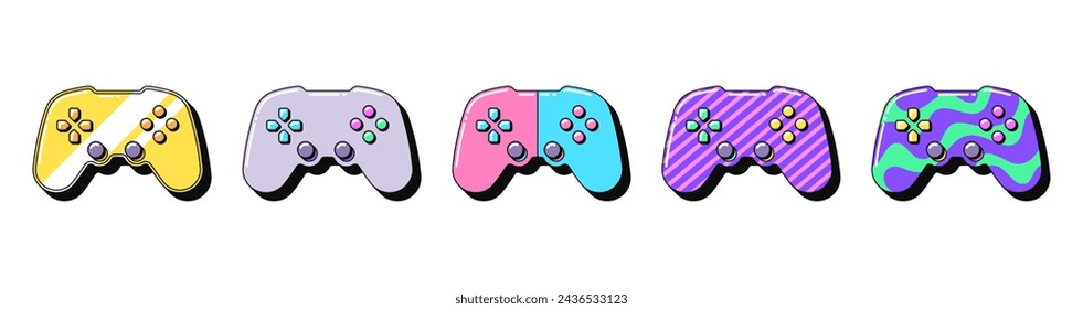 Isolated retro gamepad icon set, vector stickers. Golden joystick, videogame station, playing console gadget. Outline 3d game controllers with pattern. Retro design elements for ads and pop culture