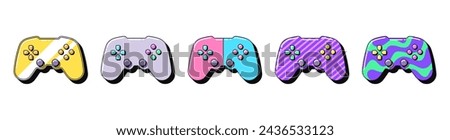 Isolated retro gamepad icon set, vector stickers. Golden joystick, videogame station, playing console gadget. Outline 3d game controllers with pattern. Retro design elements for ads and pop culture