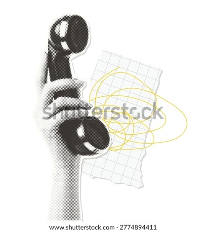 Isolated retro halftone composition: female hand holding phone receiver with scribbles - vintage paper cutout vector design element.
