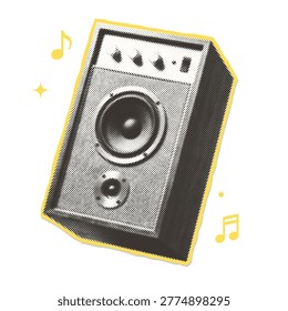 Isolated retro halftone musical speaker - paper cutout collage composition. Vintage zine style audio equipment design asset.