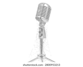 An isolated retro halftone vector showing a stage microphone with a custom spiderweb base stand.