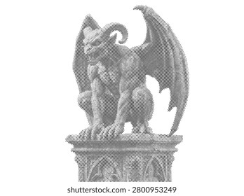 An isolated retro halftone vector showing a stone gargoyle statue sitting on a pedestal with open wings.