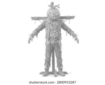 An isolated retro halftone vector showing a creepy scarecrow with a carved pumpkin head standing upright.