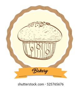 Isolated retro label with a hand drawn cupcake, Vector illustration