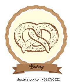 Isolated retro label with a sketch of a pretzel, Vector illustration