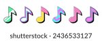 Isolated retro music note icon set, vector stickers. Musical show, melody, music festival, disco party, karaoke. Outline 3d music notes with pattern. Retro design elements for party and pop culture