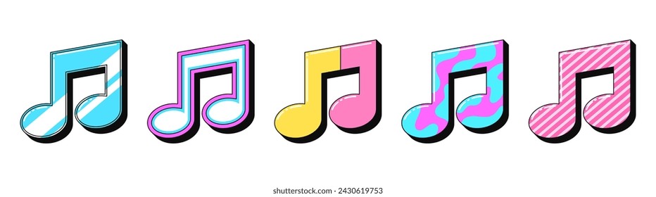 Conjunto de iconos de notas de música retro aislado, pegatinas vectoriales. Melodía, espectáculo musical, festival de música, fiesta disco, karaoke. Resalta las notas musicales en 3D con un patrón. Elementos de diseño retro para la fiesta y la cultura pop