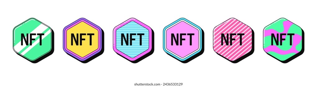 Conjunto de iconos de token retro NFT aislado, pegatinas vectoriales. Tecnología NFT, colección de tokens digitales, criptomonedas virtuales. Contorne los tokens NFT 3D con el patrón. Elementos de diseño retro para anuncios y cultura pop