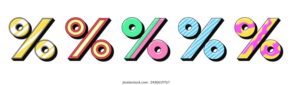 Isolated retro percentage icon set, vector stickers. Percent tag, hot sale, special discount, benefit price offer. Outline 3d percentages with pattern. Retro design elements for ads and pop culture