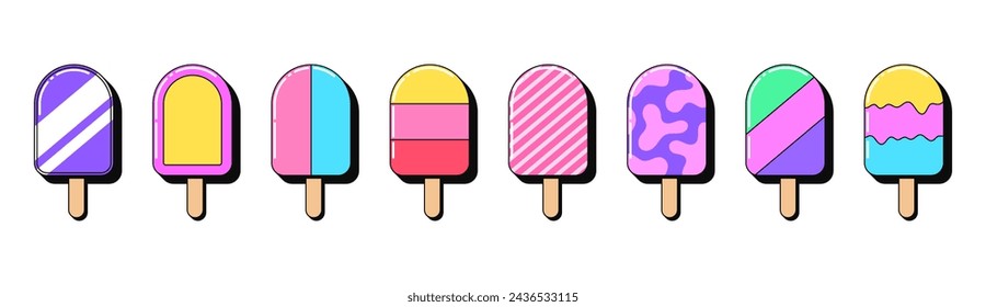 Isolated retro popsicle icon set, vector stickers. Fruit ice cream, frozen juice with stick, summer lollipop bar. Outline 3D popsicles with pattern. Retro design elements for ads and pop party