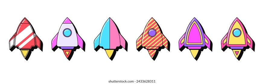 Isolated retro rocket icon set, vector stickers. Startup launch, space ship, spacecraft flight, start and boost business. Outline 3d rockets with pattern. Retro design elements for ads and pop culture