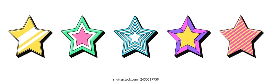 Conjunto de iconos de estrellas retro aislado, pegatinas vectoriales. Superestrella y celebridad, popularidad, leyenda famosa, premio. Contorno de estrellas 3d con patrón. Elementos y signos de diseño retro para la fiesta y la cultura pop