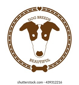 Isolated retro sticker with a dog breed illustration, text, hearts and a bone icon