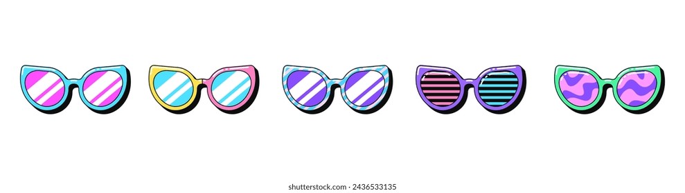 Isolated retro sunglasses icon set, vector stickers. Fashion glasses, glamour spectacles, crazy party eyewear. Outline 3d sunglasses with pattern. Retro design elements for party and pop culture