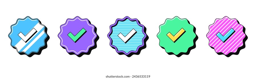 Isolated retro Verified badge icon set, vector stickers. Blue tick checkmark tag, verified user, certified and original account. Outline Verification marks with pattern. Retro design elements for ads