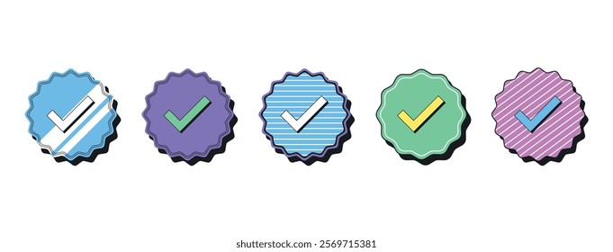 Isolated retro Verified badge icon set, vector stickers. Blue tick checkmark tag, verified user, certified and original account. Outline Verification marks with pattern. Retro design elements for ads