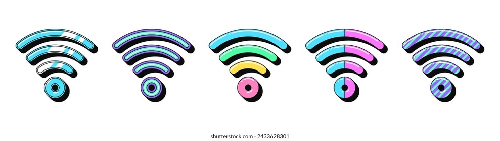 Isolated retro wifi icon set, vector stickers. Wireless internet and network connection, hotspot, 5g wifi router, antenna. Outline 3d wifi with pattern. Retro design elements for ads and pop culture