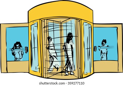 Isolated Revolving Door Entrance With Group Of People