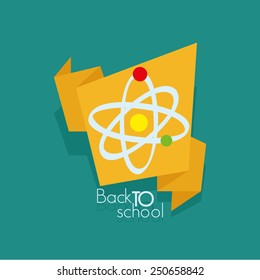 an isolated ribbon with an atom and text on a blue background