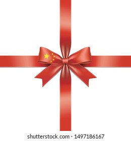 The isolated ribbon with concept of the flag of China. Vector illustration of The Five-starred Red Flag of China bow crossed at the center on white background.