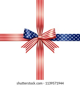 The isolated ribbon with concept of the flag of the United States be stripes alternate red and white and stars white in a blue field. Vector illustration of The Stars and Stripes bow concept.