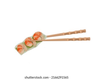 Isolated Rice Paper Spring Roll, Chopsticks Holding Shrimps Spring Roll On White Background. Vietnamese Street Food, Asian Authentic Recipe. Top Famous Food.  