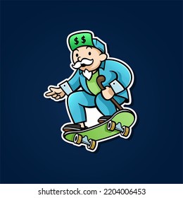 Isolated Rich Skateboarder character. Cool cartoon mascot illustration with dark background for t-shirt, logo, sticker