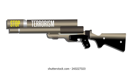 Isolated rifle with the text stop terrorism written on its tube