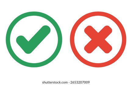Opciones aisladas, correctas e incorrectas mostradas con símbolos de cheque verde y cruz roja. Diseño sencillo y moderno para la toma de decisiones positivas y negativas.