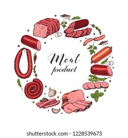 Isolated ring with different color meat products in sketch style. Vector illustration for your design