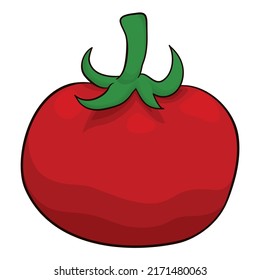 Isolated ripe tomato with green stem in cartoon style and outlines, over white background.