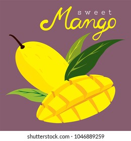 Isolated ripe yellow mango and a mango slice for serving and three leaves on purple background with hand drawn text "Mango". This tropical fruit is so sweet, juicy and delicious.