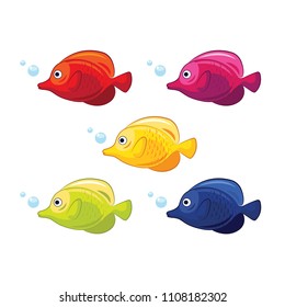 Isolated river fish. Set of freshwater aquarium cartoon fishes. 