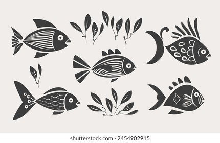 Isolated river fish. Set of freshwater aquarium cartoon silhouettes fishes. Vector illustration, fishes. fish collection. aquarium modern flat fishes. Black on white background