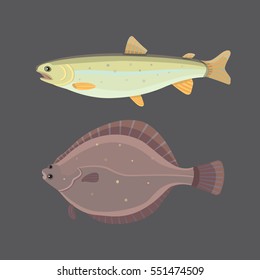 Isolated river fish. Set of freshwater sea cartoon fishes. Fauna ocean vector illustration