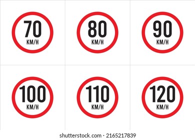 Isolated Road Maximum Speed limit sign 70 kmh, 80, 90, 100, 110, 120 Kmh, sign icon on white background vector illustration.