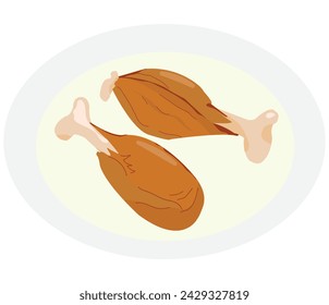 Patas de pollo asadas aisladas en un plato; dos patas de pollo artísticas en un plato; icono de comida rápida para imprimir como un logotipo; parche; regalo; insignia; signo; etiqueta; cartel; parche