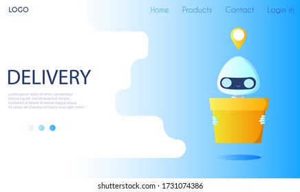 
Isolated robot with a box in hands in cartoon style. Landing page template. Delivery of goods or parcels. Vector stock illustration.