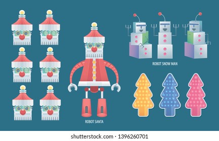 Isolated robot Santa with different emotions, and also robot snow man and different colors mechanical Christmas tree.