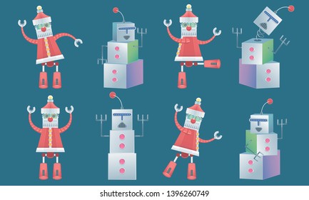 Isolated robot Santa and robot snow man with various dancing posts.