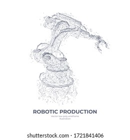 Isolated Robotic Arm In White Background. Industrial Technology Concept. Abstract Polygonal Wireframe With Lines And Dots. Vector Sketch Drawing. 3d Illustration.

