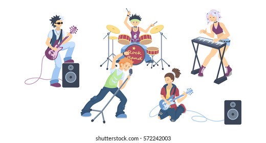 Isolated rock band on white background. Drums and guitar, vocal and piano. Cool singers and musicians.