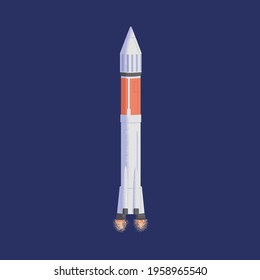 Isolated rocket flying in space. Futuristic intergalactic rocketship in cosmos. Flight of cosmic shuttle or spaceship. Spaceflight of spacecraft. Colored flat vector illustration