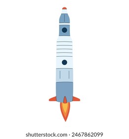 Isolated rocket flying in space. Futuristic intergalactic rocketship in cosmos. Flight of cosmic shuttle or spaceship. Spaceflight of spacecraft. Colored flat vector illustration