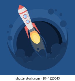 Isolated rocket launch with clouds on dark sky.
