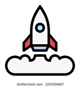 Isolated rocket launch in color filled icon  on white background. Launching, boost, startup, advertising, marketing