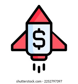 Isolated rocket launch in outline color icon on white background. Startup, business, entrepreneur, company