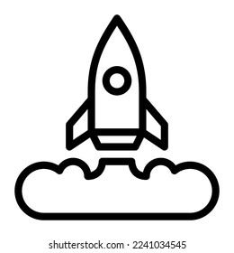 Isolated rocket launch in outline icon  on white background. Launching, boost, startup, advertising, marketing