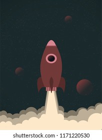 Isolated Rocket launch in the space to the planet vector illustration in paper flat style with texture poster design concept